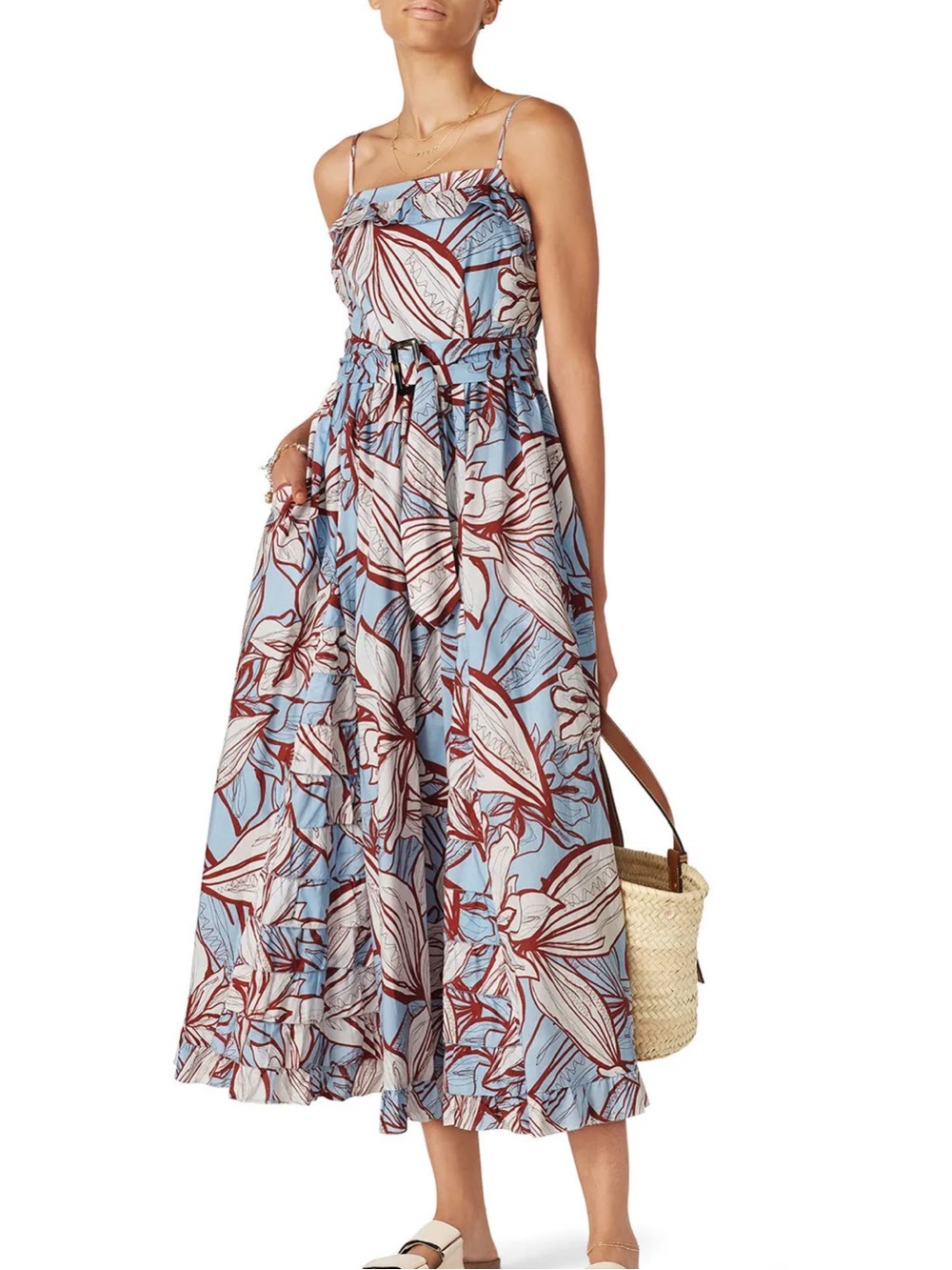 NICHOLAS Light Blue Floral Tropical Print Maxi Skirt with Cream and Maroon Motif